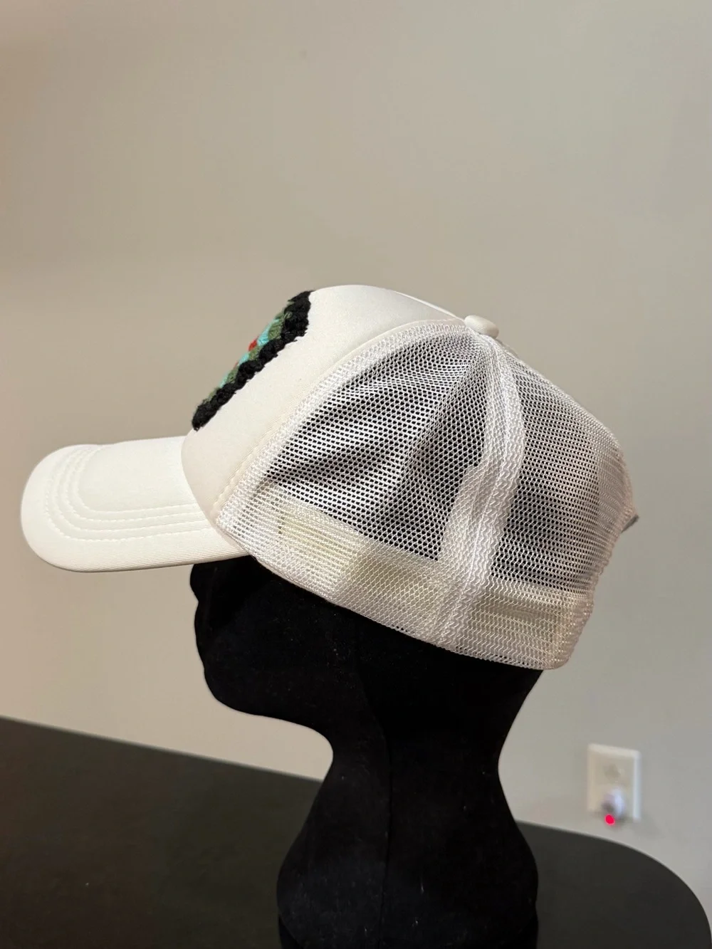 White Trucker Hat with Crochet Granny Square Patch